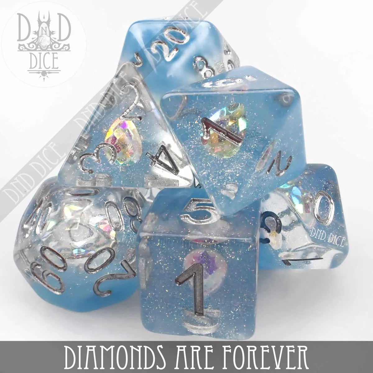 Diamonds are Forever Dice set with 7 blue and clear glitter resin dice, each featuring silver numbers.