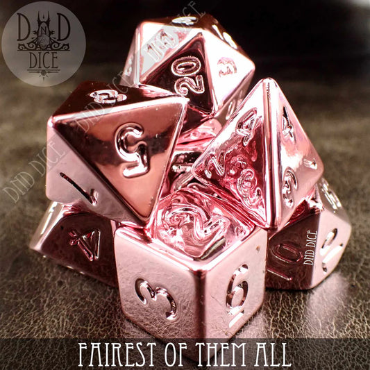Shiny pink acrylic polyhedral 7-dice set, Fairest of Them All, stacked together.