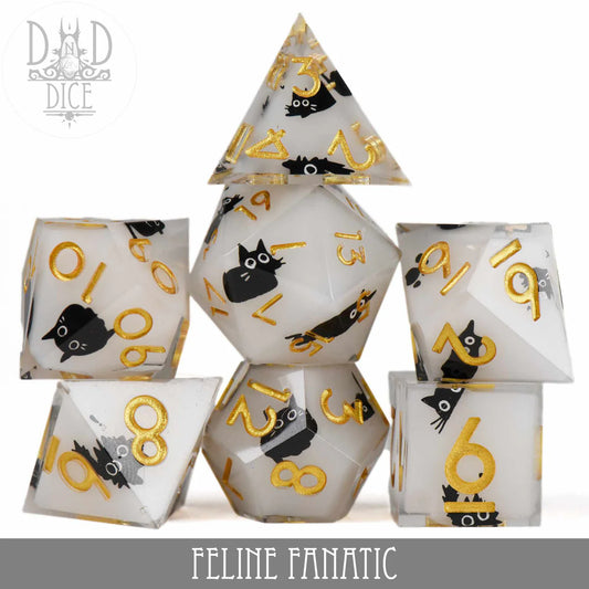 Feline Fanatic (Handmade) set of 7 white resin polyhedral dice with gold numbers and black cat faces.