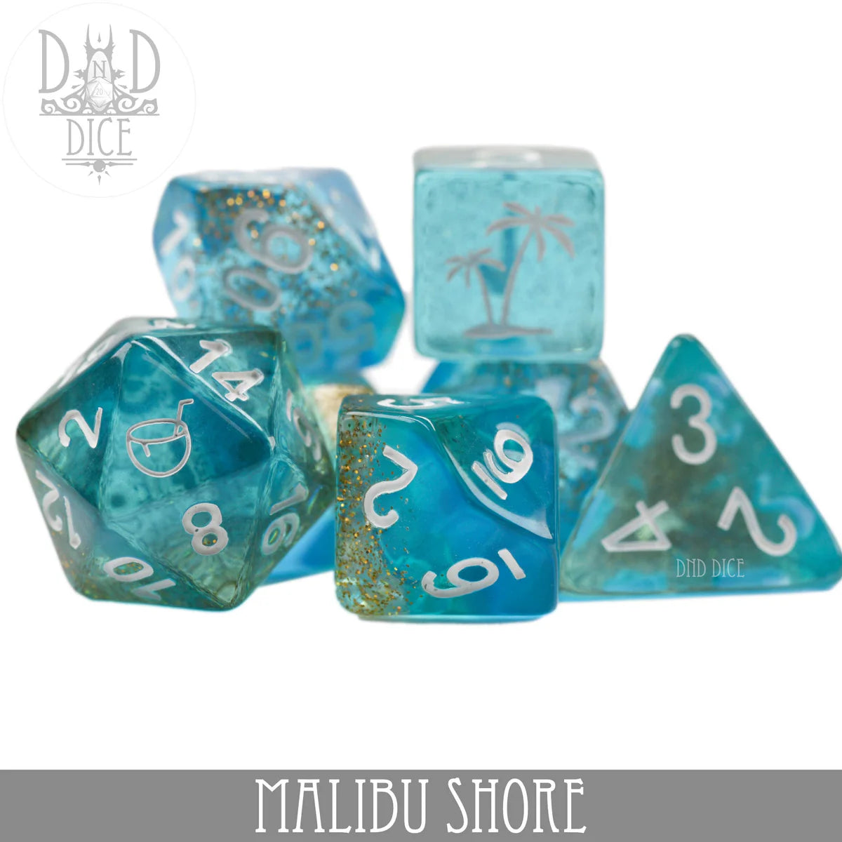 Malibu Shore 7-piece blue resin polyhedral dice set with white numbers and beach-themed designs.