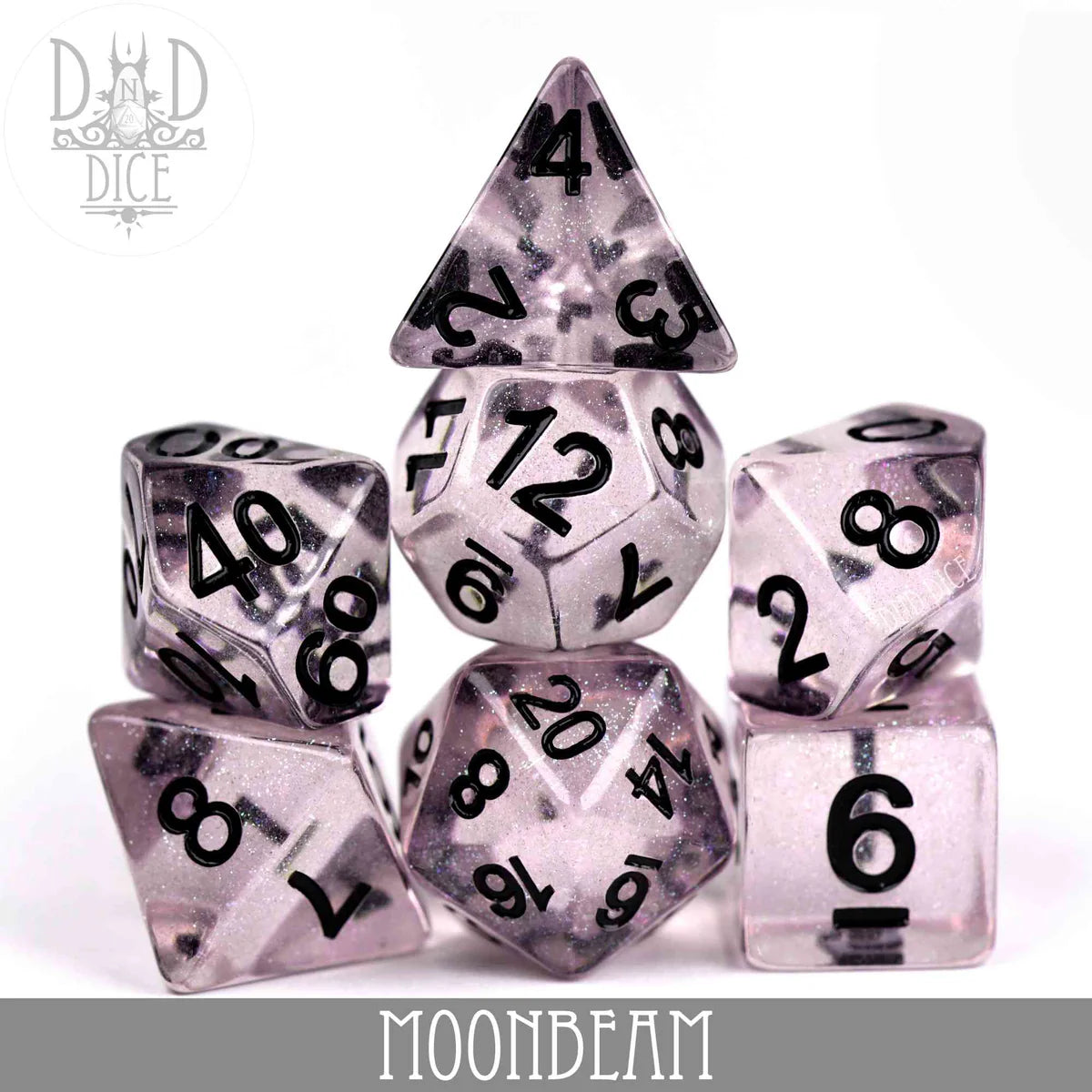 Moonbeam 7-piece translucent purple resin dice set with black numbers.