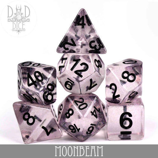 Moonbeam 7-piece translucent purple resin dice set with black numbers.