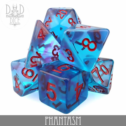 7-piece translucent blue dice set with red numbers, stacked, labeled Phantasm.