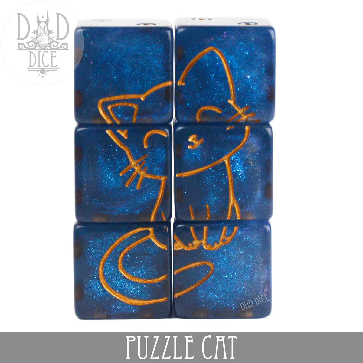 Set of six blue resin D6 dice with gold outlines forming a kitty cat design, labeled at the bottom.