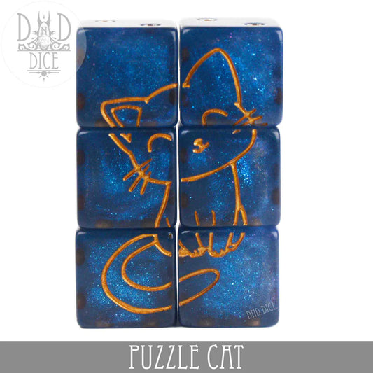 Set of six blue resin D6 dice with gold outlines forming a kitty cat design, labeled at the bottom.