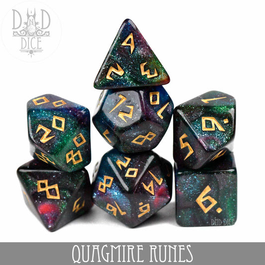 Quagmire Runes acrylic polyhedral dice set with glittery galaxy theme and gold numbers.