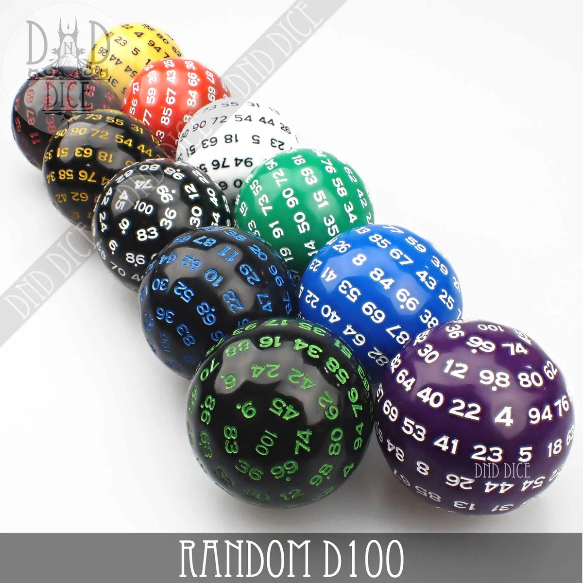 Ten 50mm D100 dice in random colors arranged in a row on a white background, with text: Random D100.