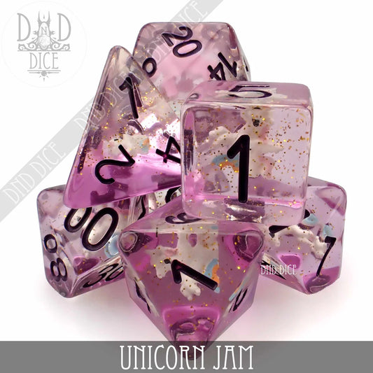 Unicorn Jam: Set of 7 pink glitter resin dice with black numbers and unicorn-cloud design.