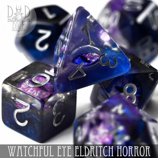 Blue and purple polyhedral dice with silver numbers, Watchful Eye - Eldritch Horror 7-dice set.