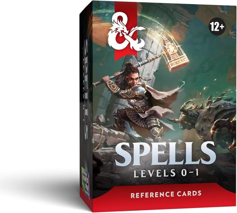 Spell Cards: Levels 0-1, One D&D quick-reference fantasy card game box with warrior, dragon, and spell cards.