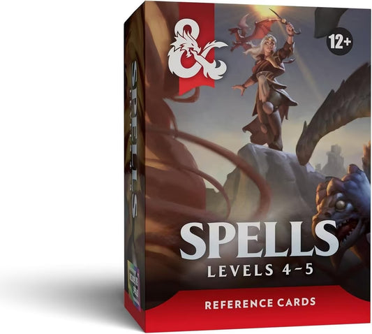 Spell Cards: Levels 4-5, One D&D quick-reference for ages 12+, includes mage vs. dragon cover art.