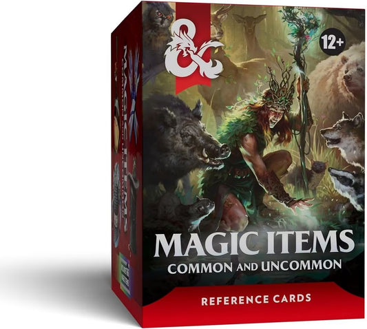 Magic Item Cards: Common and Uncommon, One D&D, box for ages 12+, druid-themed art on packaging.