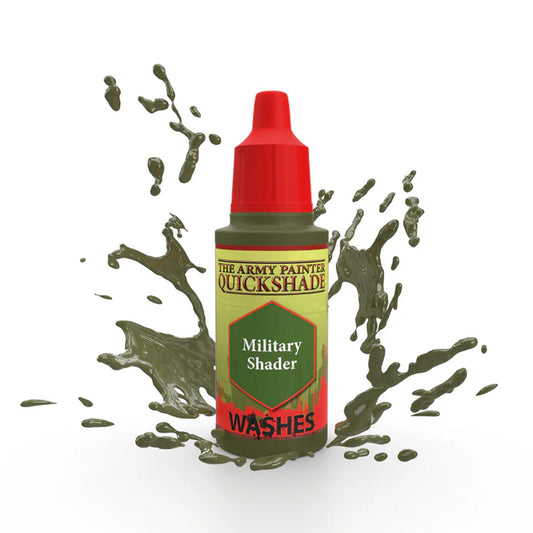 Warpaints Quickshade Wash Military Shader 18ml dropper bottle with a green paint splash.