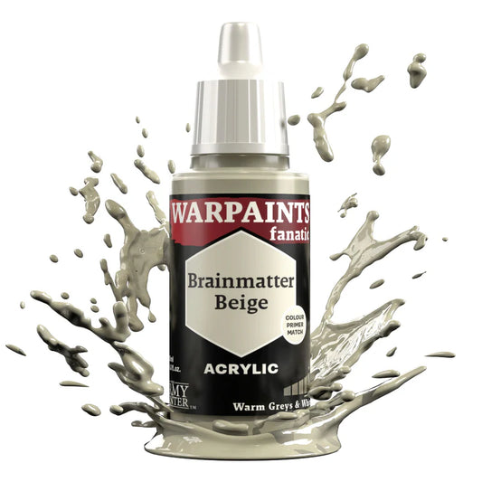 Warpaints Fanatic Brainmatter Beige 18ml bottle with warm grey splashes in the background.
