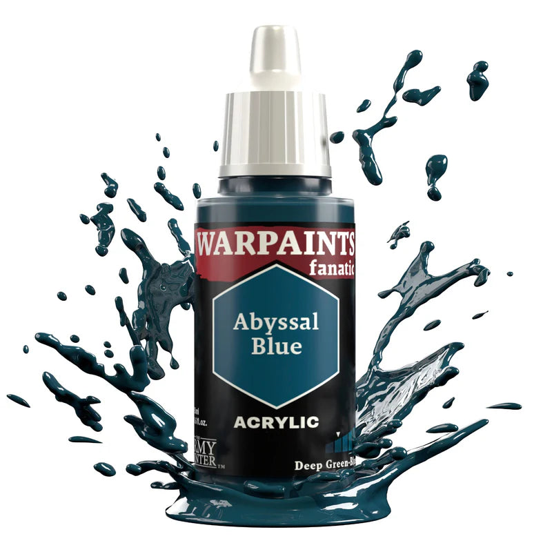 Warpaints Fanatic Abyssal Blue 18ml bottle with deep greenish blue splashes in background.