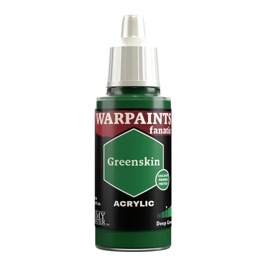 Warpaints Fanatic Greenskin acrylic paint, 18ml bottle with white cap and green label.