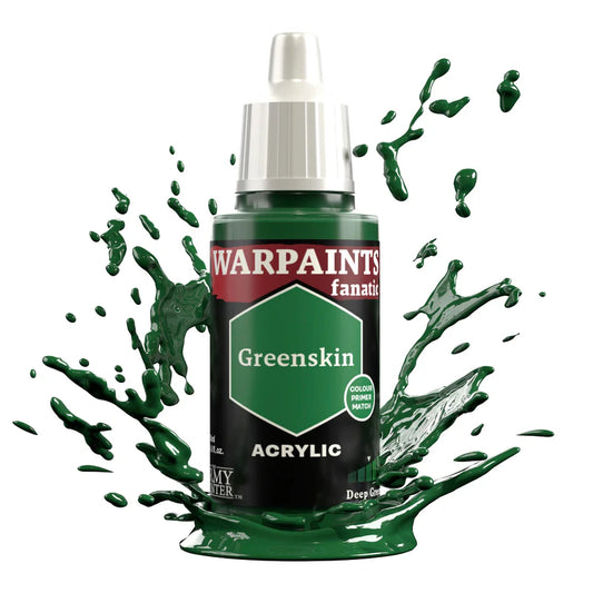 Warpaints Fanatic Greenskin 18ml paint bottle with deep green paint splashes around it.
