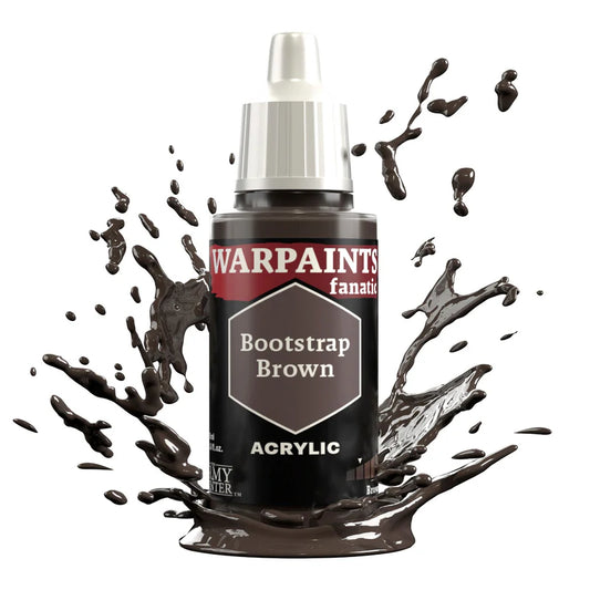Warpaints Fanatic Bootstrap Brown 18ml bottle with deep brown paint splashing around it.
