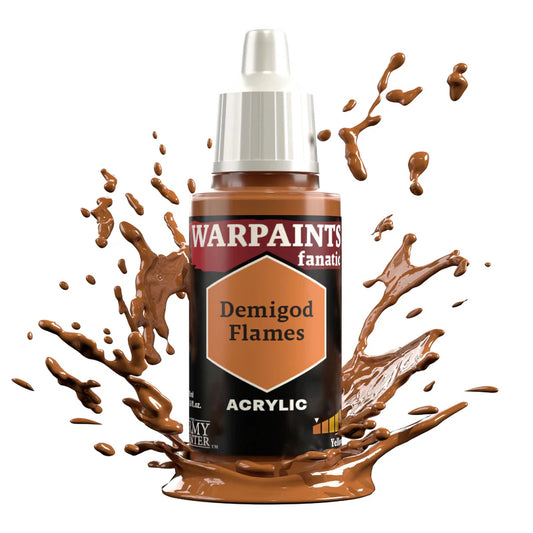 Warpaints Fanatic Demigod Flames 18ml acrylic paint bottle with deep orange-yellow splashes around it.
