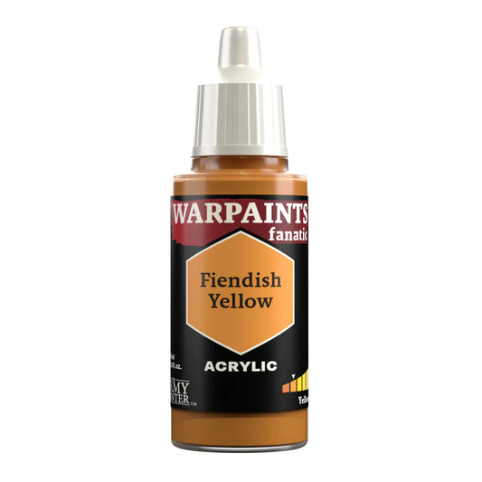Warpaints Fanatic Fiendish Yellow 18ml bottle, orange-yellow acrylic paint with white dropper cap.