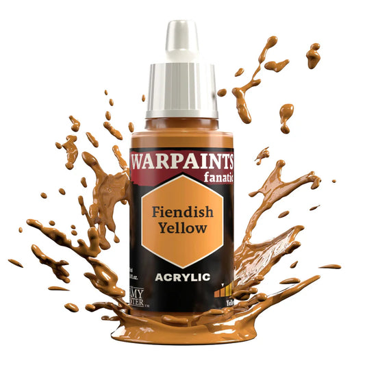Warpaints Fanatic Fiendish Yellow 18ml acrylic paint bottle with orange-yellow splashes around it.