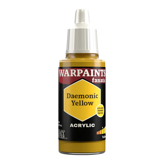 Warpaints Fanatic Daemonic Yellow 18ml acrylic paint bottle with yellow label and white cap.