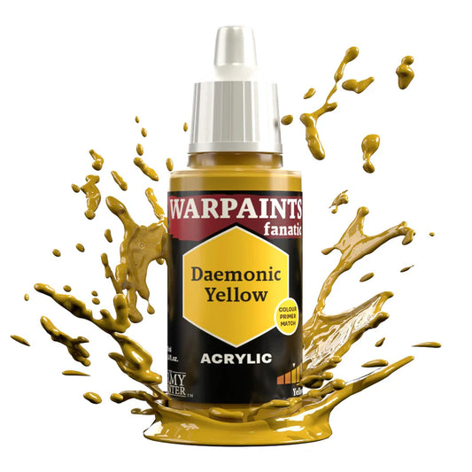 Warpaints Fanatic Daemonic Yellow 18ml paint bottle on a yellow background.