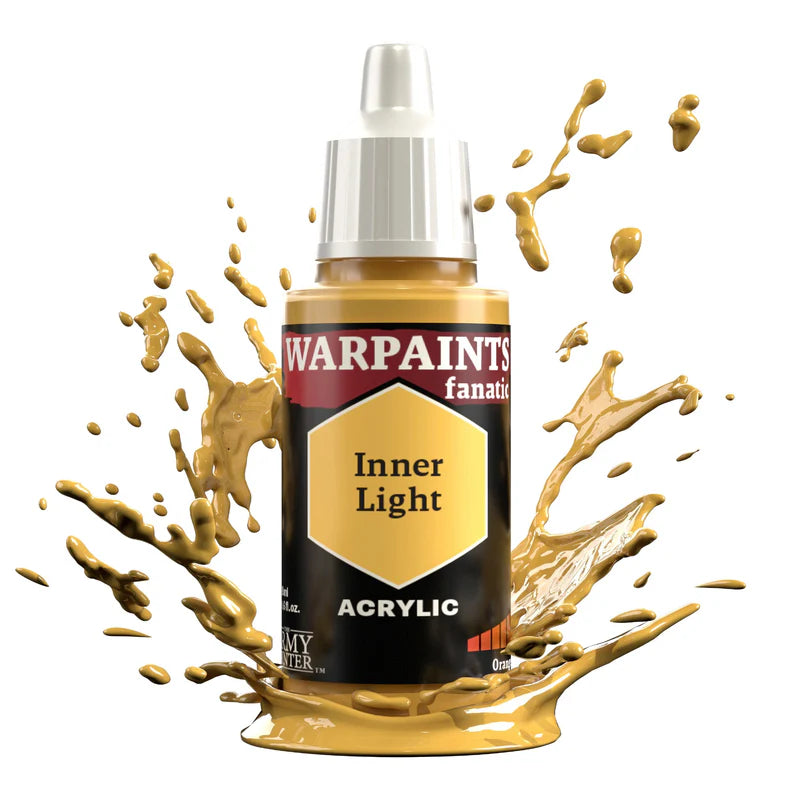 Warpaints Fanatic Inner Light 18ml paint bottle with light orange-yellow highlights splashing around it.