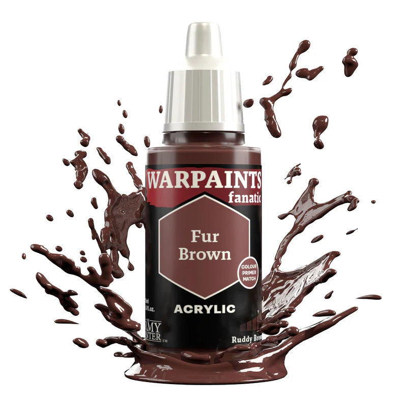 Warpaints Fanatic Fur Brown 18ml bottle with splashes of reddish brown paint nearby.