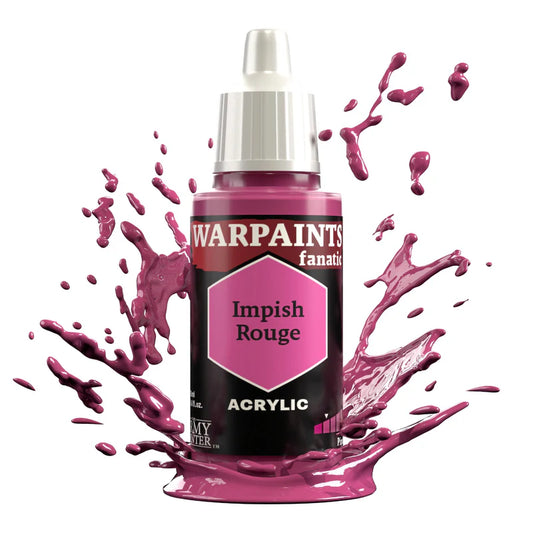 Warpaints Fanatic Impish Rouge 18ml acrylic paint bottle, vivid purplish red, with pink splashes nearby.
