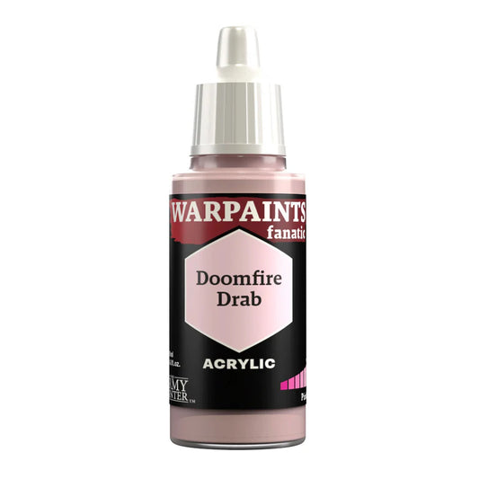 18ml Warpaints Fanatic Doomfire Drab acrylic paint bottle with dropper cap, pink-tinted.
