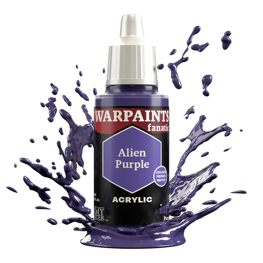 Warpaints Fanatic Alien Purple 18ml paint bottle with deep violet splashes in the background.