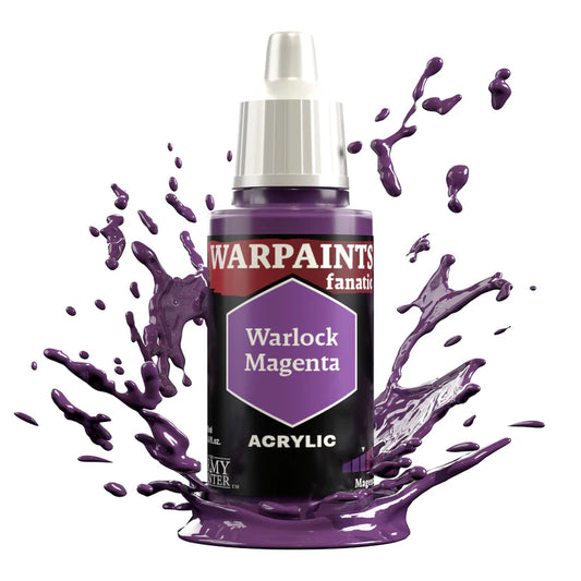 Warpaints Fanatic Warlock Magenta 18ml acrylic paint bottle with purple splashes in the background.