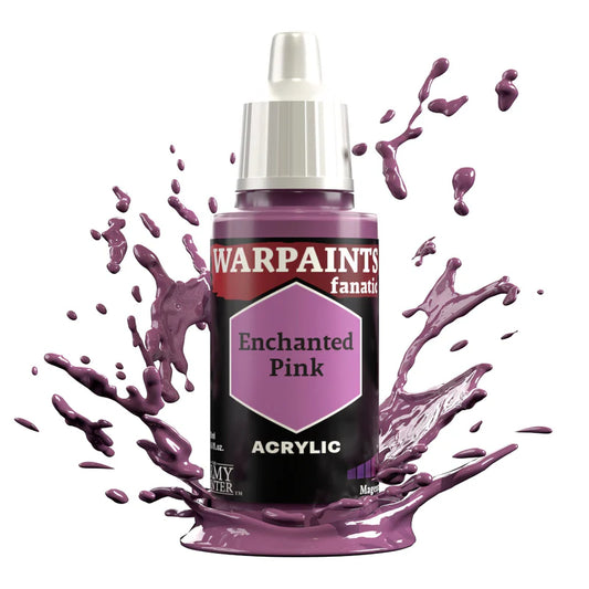 Warpaints Fanatic Enchanted Pink 18ml paint bottle with magenta splashes in the background.