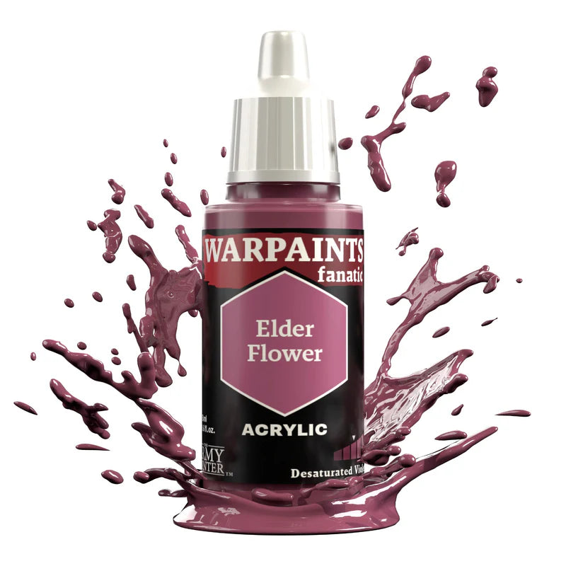 Warpaints Fanatic Elder Flower 18ml paint bottle with purplish red splashes around it.