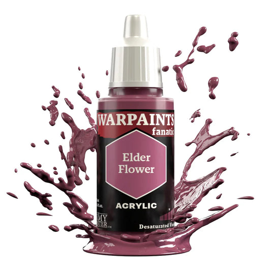 Warpaints Fanatic Elder Flower 18ml paint bottle with purplish red splashes around it.
