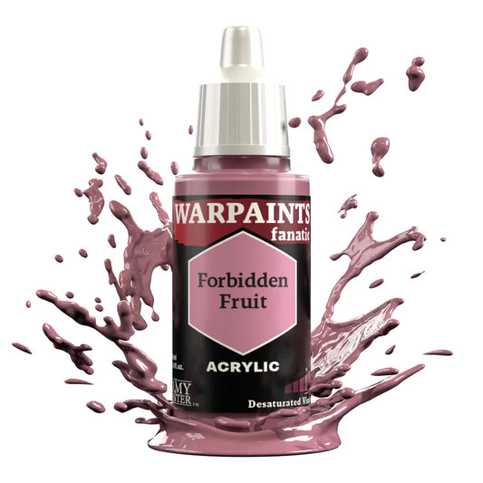 Warpaints Fanatic Forbidden Fruit 18ml bottle with desaturated violet and pink splashes nearby.