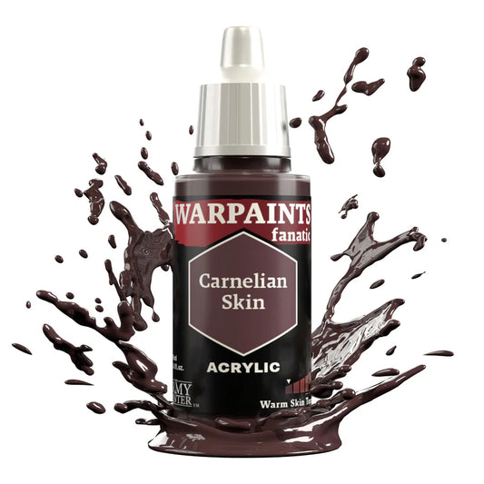 Warpaints Fanatic Carnelian Skin 18ml acrylic paint bottle with deep reddish brown splashes nearby.
