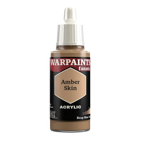 Warpaints Fanatic Amber Skin acrylic paint, 18ml bottle with dropper cap and yellowish brown label.