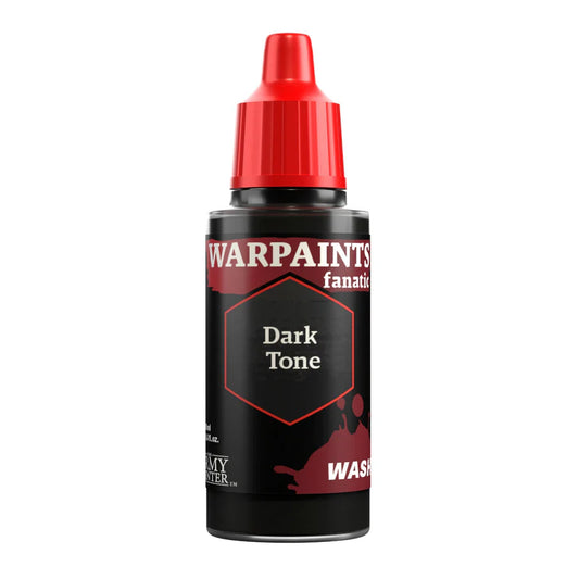 Warpaints Fanatic Wash Dark Tone 18ml bottle, black wash for miniatures, with red cap and packaging.