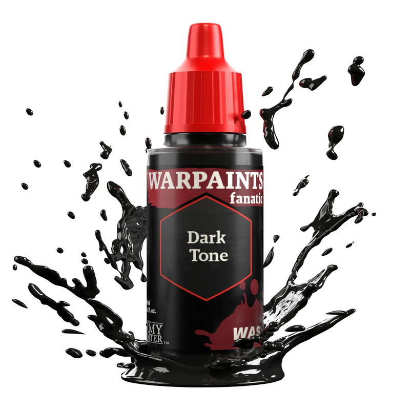 Warpaints Fanatic Wash Dark Tone 18ml bottle with black wash splashes around it.