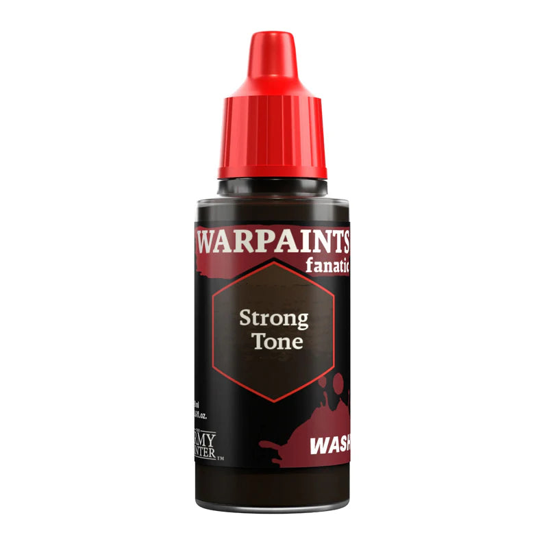 Warpaints Fanatic Wash Strong Tone 18ml bottle, dark brown wash for miniatures, with red cap and black label.