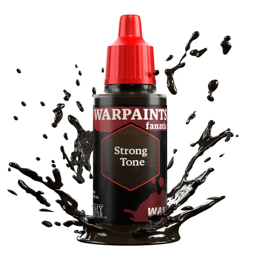 Warpaints Fanatic Wash: Strong Tone 18ml bottle with dark brown shade splashes on a white background.