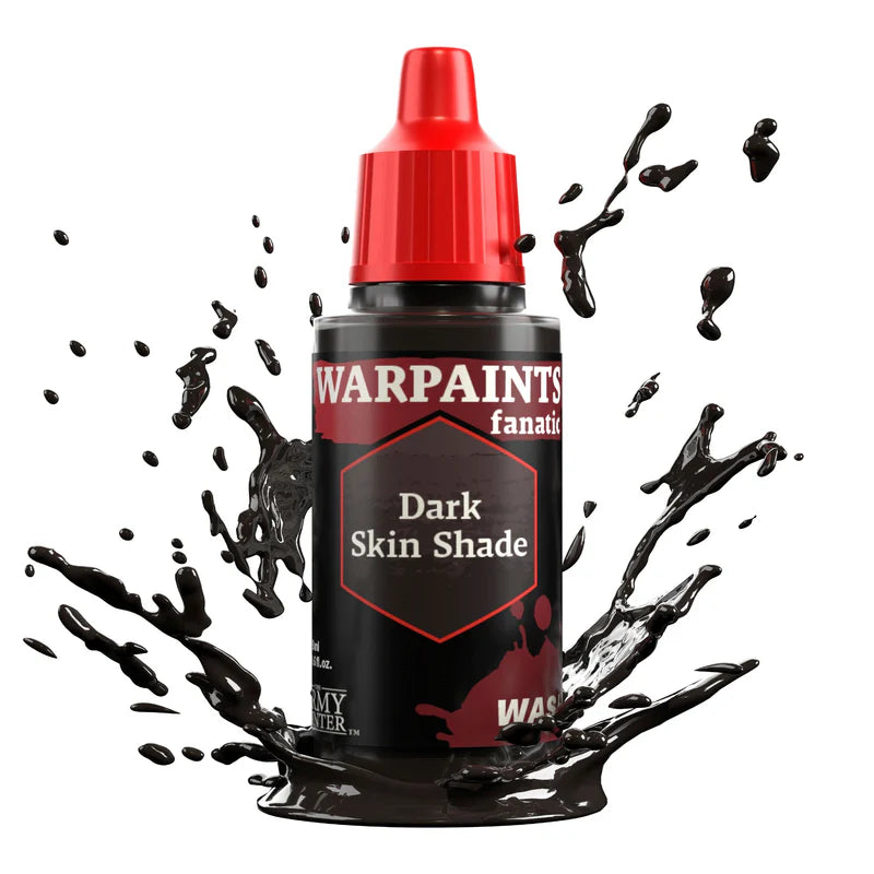 Warpaints Fanatic Wash Dark Skin Shade 18ml bottle on a white background with dark paint splashes.