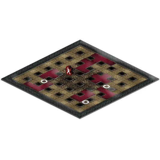 The Cask board game for two players with isometric board, red character, tokens, and red-brown tile patterns.