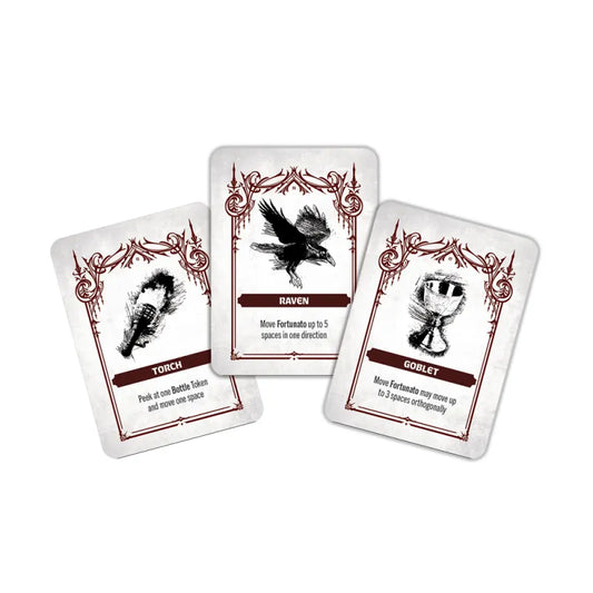 The Cask card set, variant Torch, Raven, and Goblet, each with actions inspired by Edgar Allan Poe.