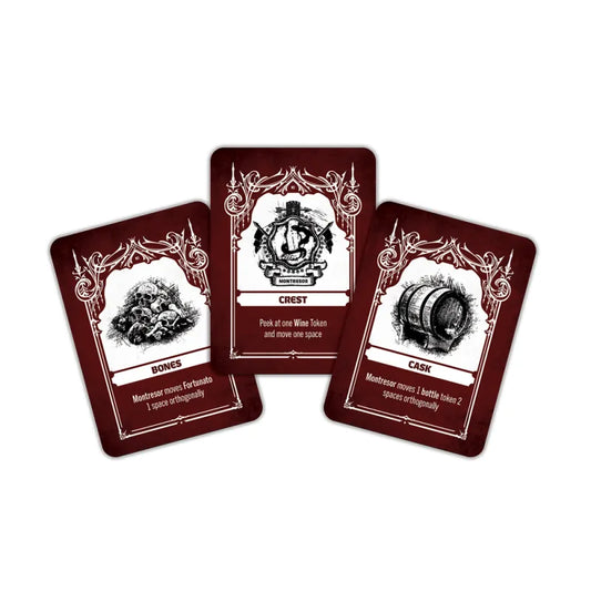 The Cask game cards: three red variants labeled Bones, Crest, and Cask with ornate borders.