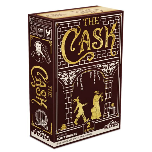 The Cask game box with title in gold lettering and two figures beneath an archway.
