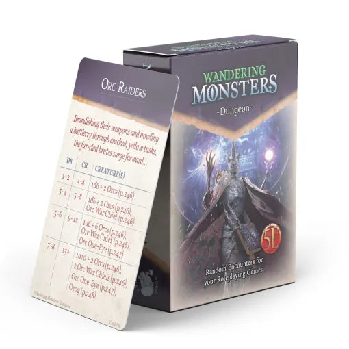 Wandering Monster Deck: Game Masters Toolbox, includes Orc Raiders encounter table for Dungeon 5E.