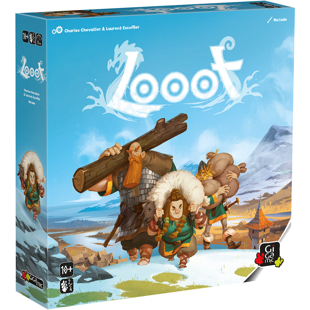 Looot board game box featuring cartoon Vikings with supplies in a snowy, resource-rich environment.